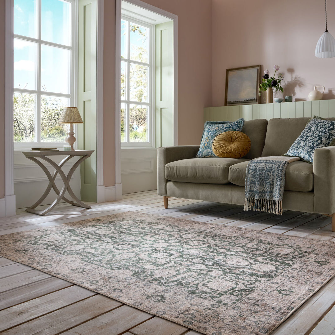 Waschbarer Teppich Vintage Floral Muster - Orientalisch - Esszimmer_Grün_Rechteckig_