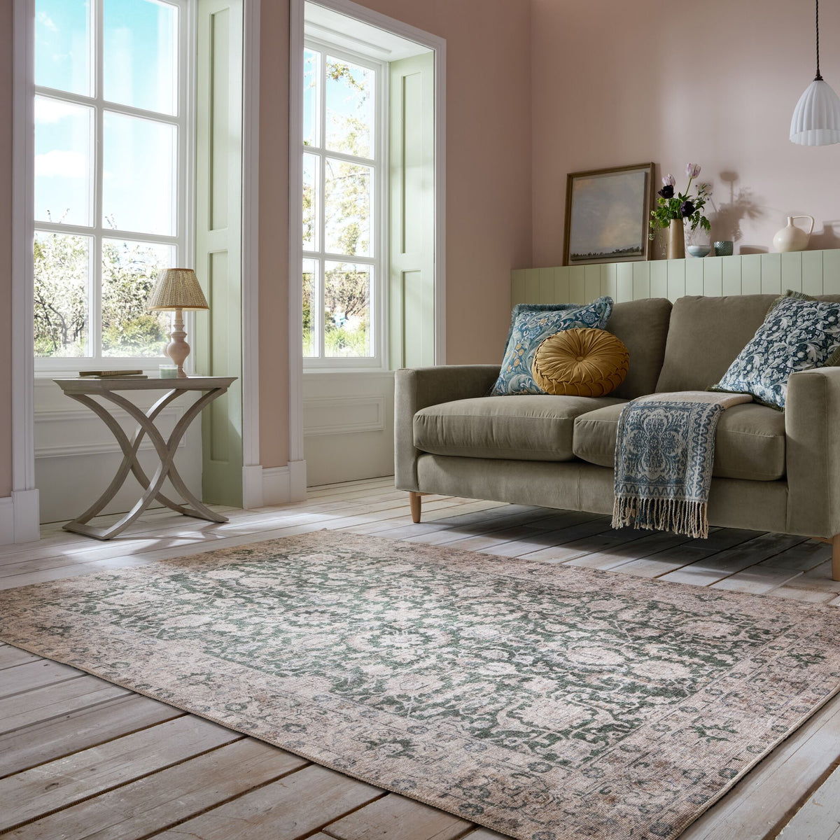 Waschbarer Teppich Vintage Floral Muster - Orientalisch - Esszimmer Grün Rechteckig