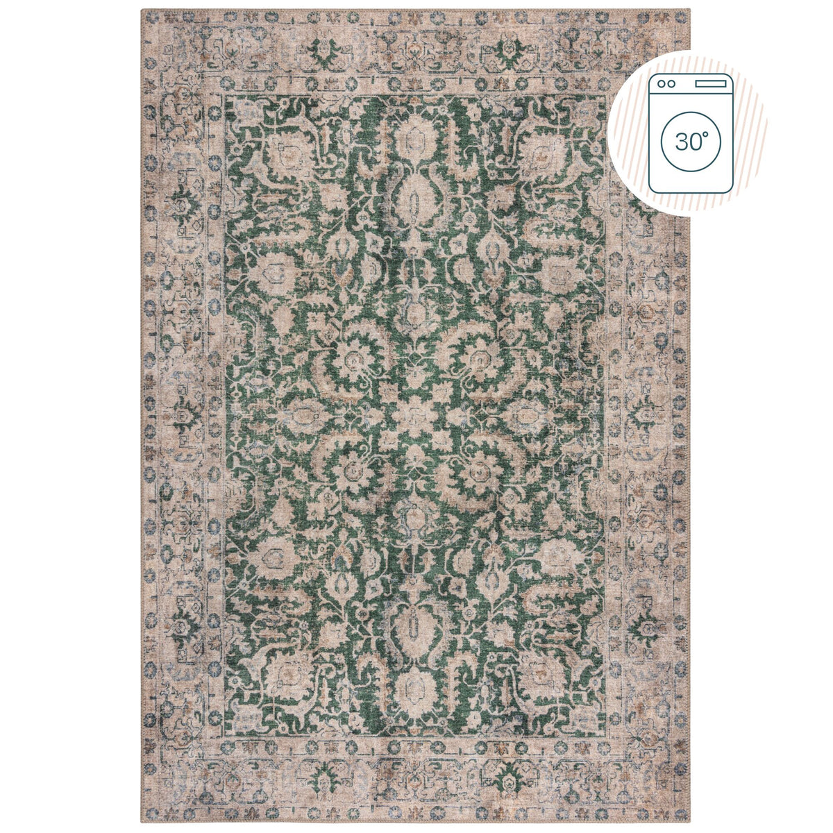 Waschbarer Flachgewebe Teppich Grün Vintage Floral Muster für Wohnzimmer und Schlafzimmer Rechteckig