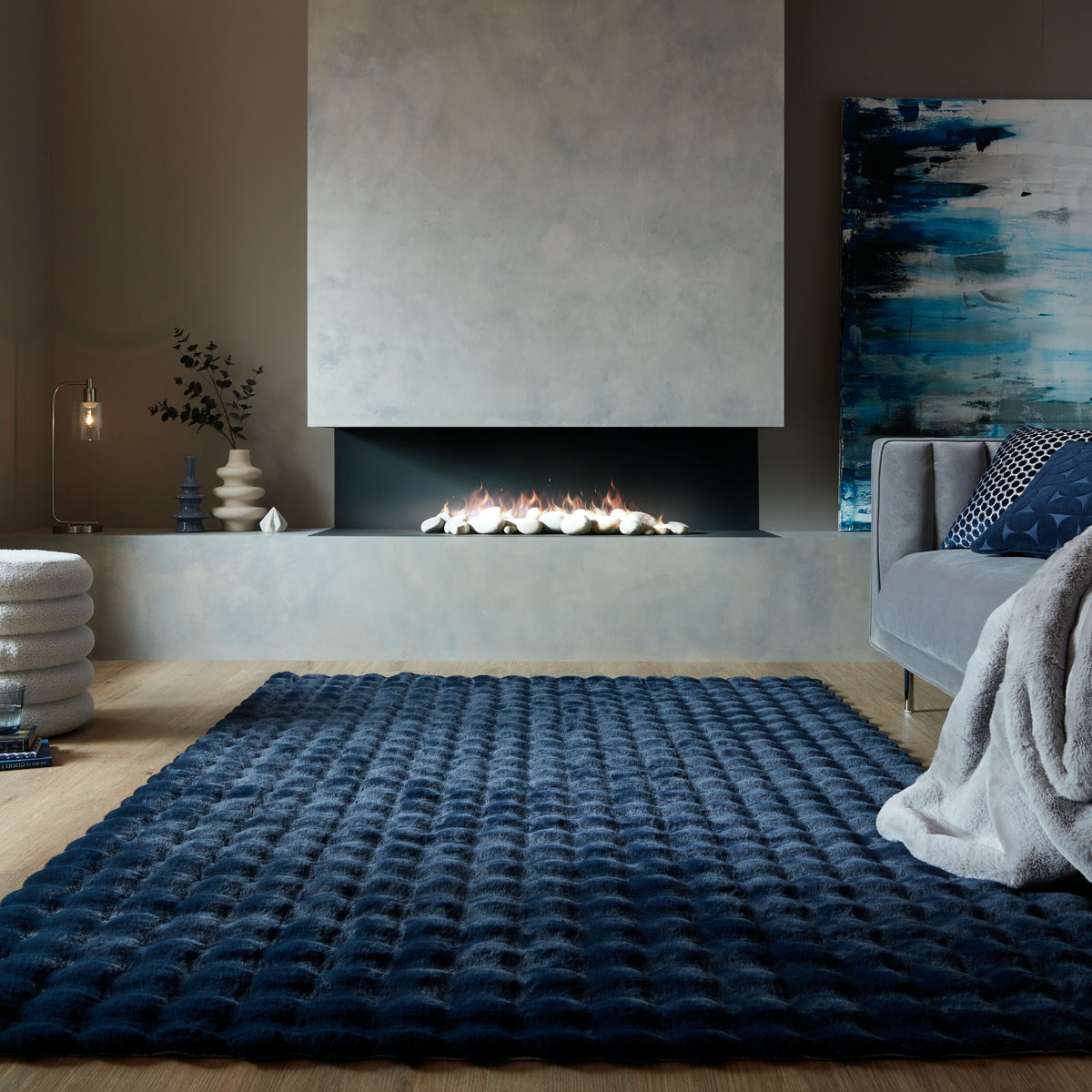 Hochflor Teppich waschbar 3D Waffel - Unifarben - Struktur - Schlafzimmer_Blau_Rechteckig_