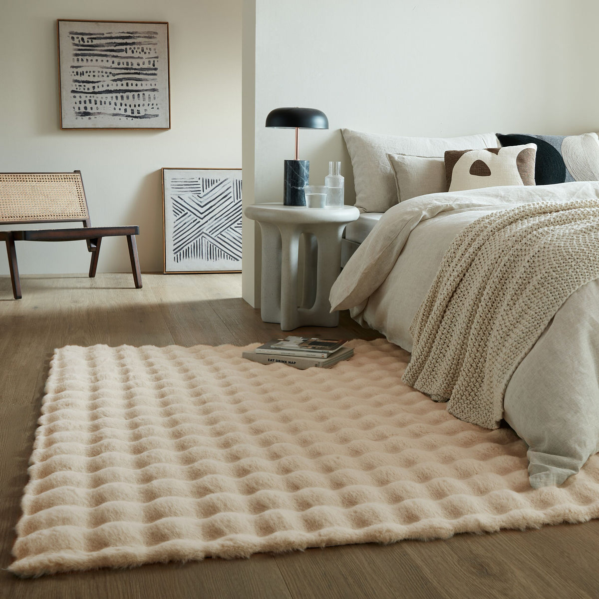 Hochflor Teppich waschbar 3D Waffel - Unifarben - Struktur - Schlafzimmer_Creme_Rechteckig_