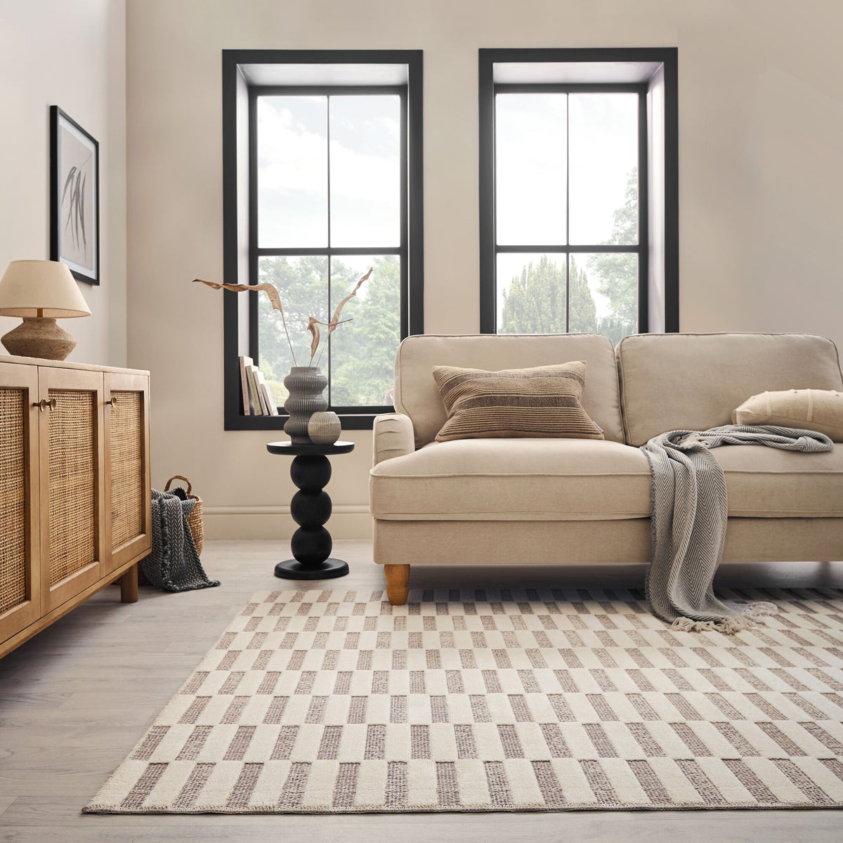 Waschbarer Teppich Schachbrett Muster - Karos - Küche schmutzabweisend Beige Rechteckig