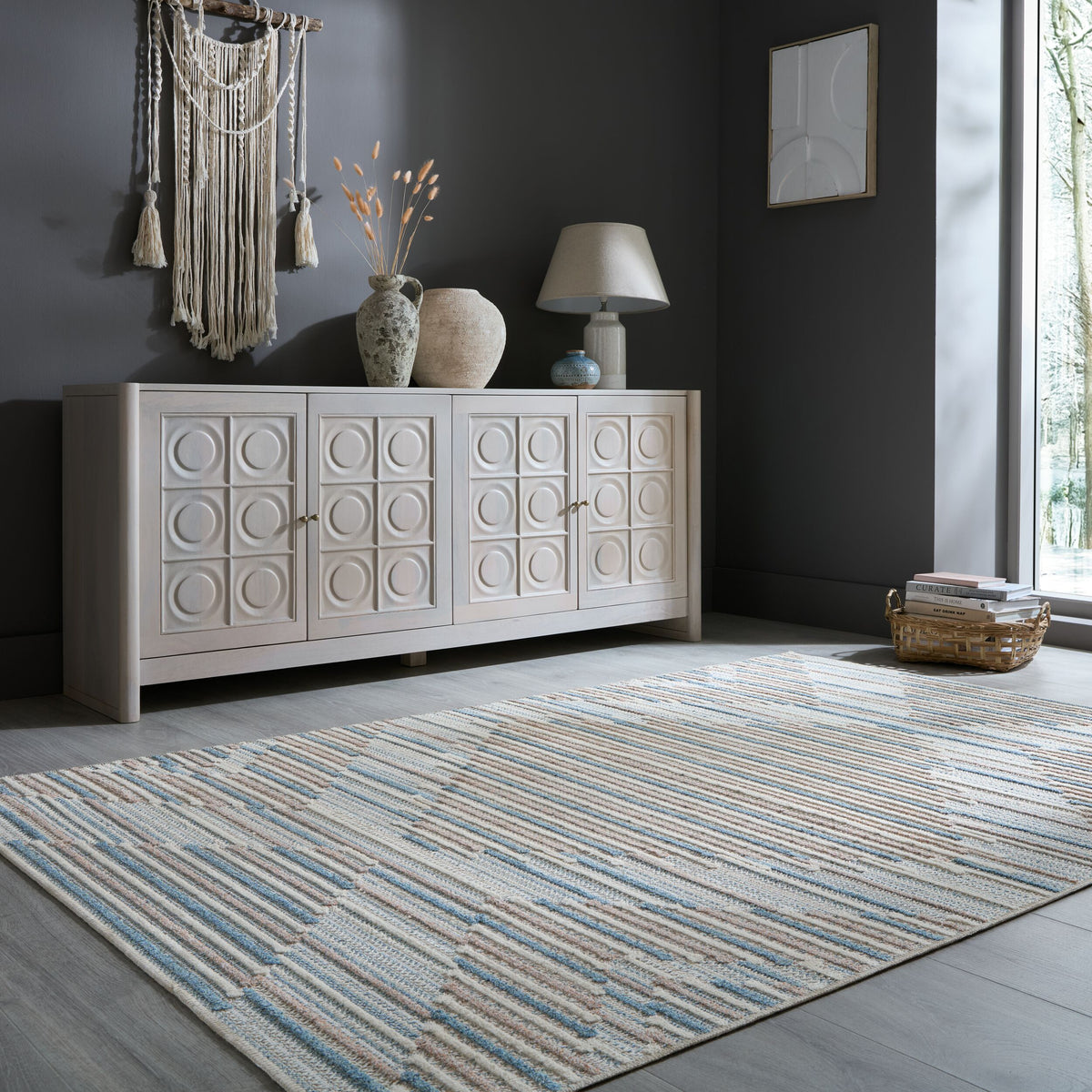 Waschbarer Teppich Rauten gestreift - Geometrisch - Küche_Blau-Beige_Rechteckig_
