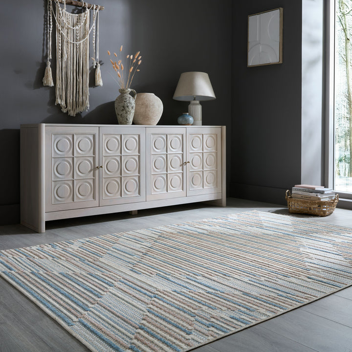 Waschbarer Teppich Rauten gestreift - Geometrisch - Küche_Blau-Beige_Rechteckig_