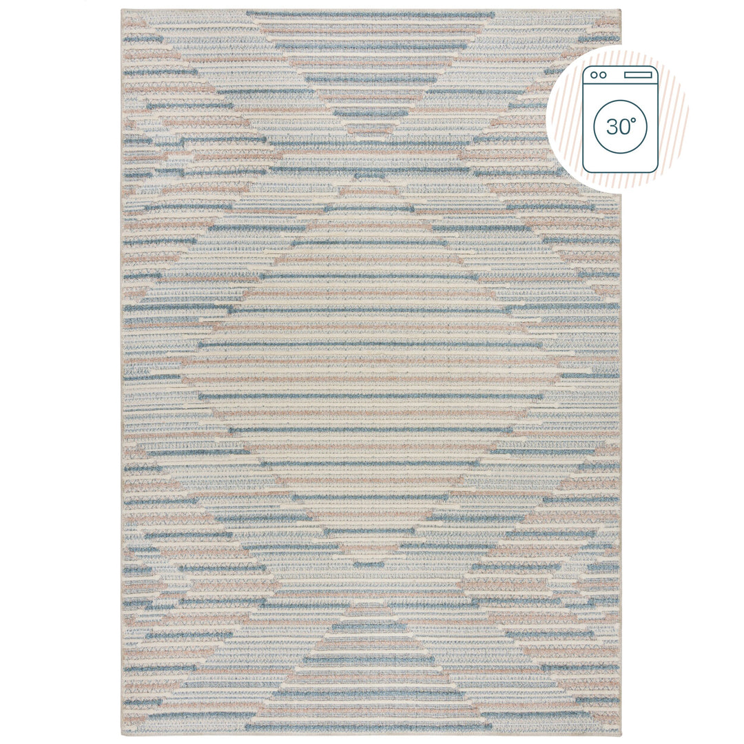 Waschbarer Kurzflor Teppich Blau-Beige  - Geometrisches Rautenmuster  - Strapazierfähig &amp; Familiengerecht_Rechteckig_