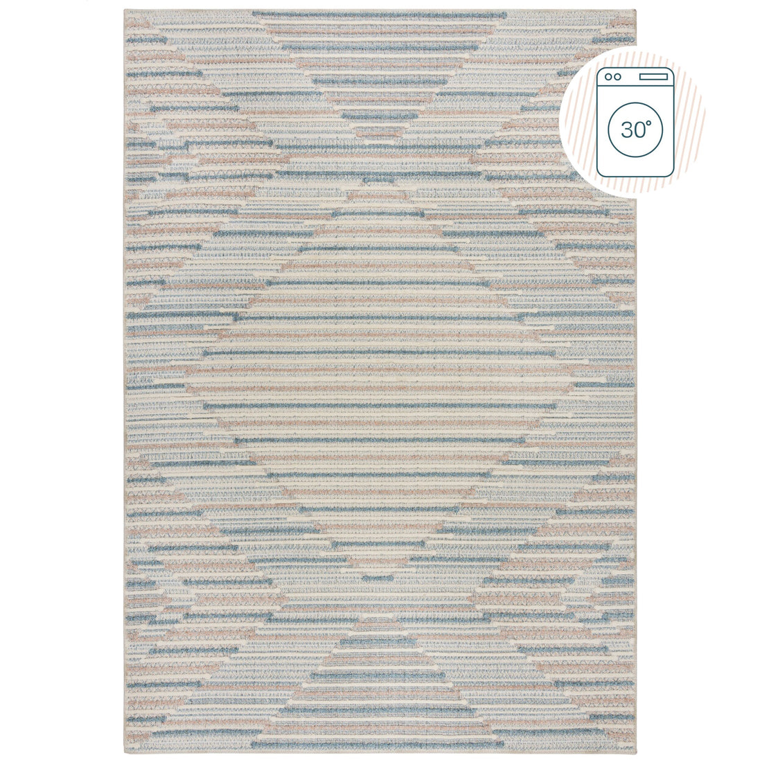 Teppich Rauten-Geometrie Blau-Beige Kurzflor waschbar strapazierfähig Rechteckig