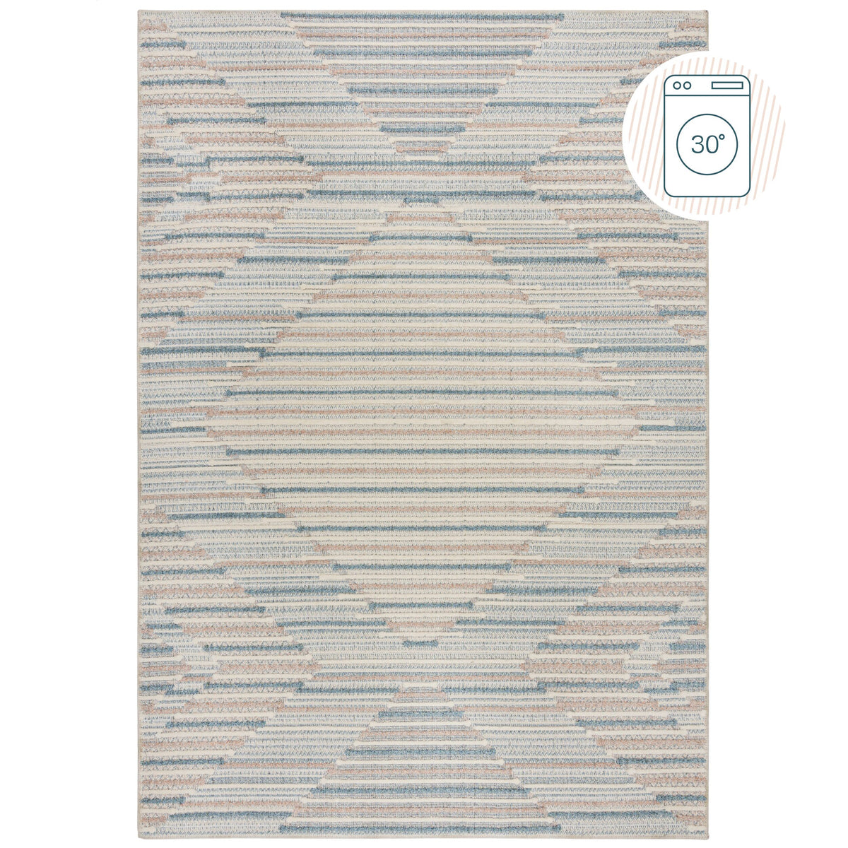 Teppich Rauten-Geometrie Blau-Beige Kurzflor waschbar strapazierfähig Rechteckig_