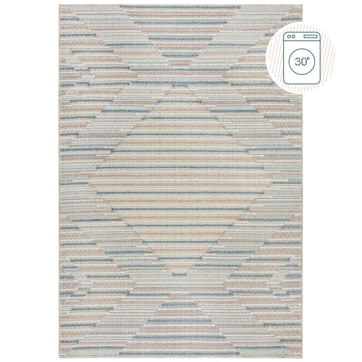 Waschbarer Kurzflor Teppich Blau-Beige  - Geometrisches Rautenmuster  - Strapazierfähig &amp;amp; Familiengerecht_Rechteckig_
