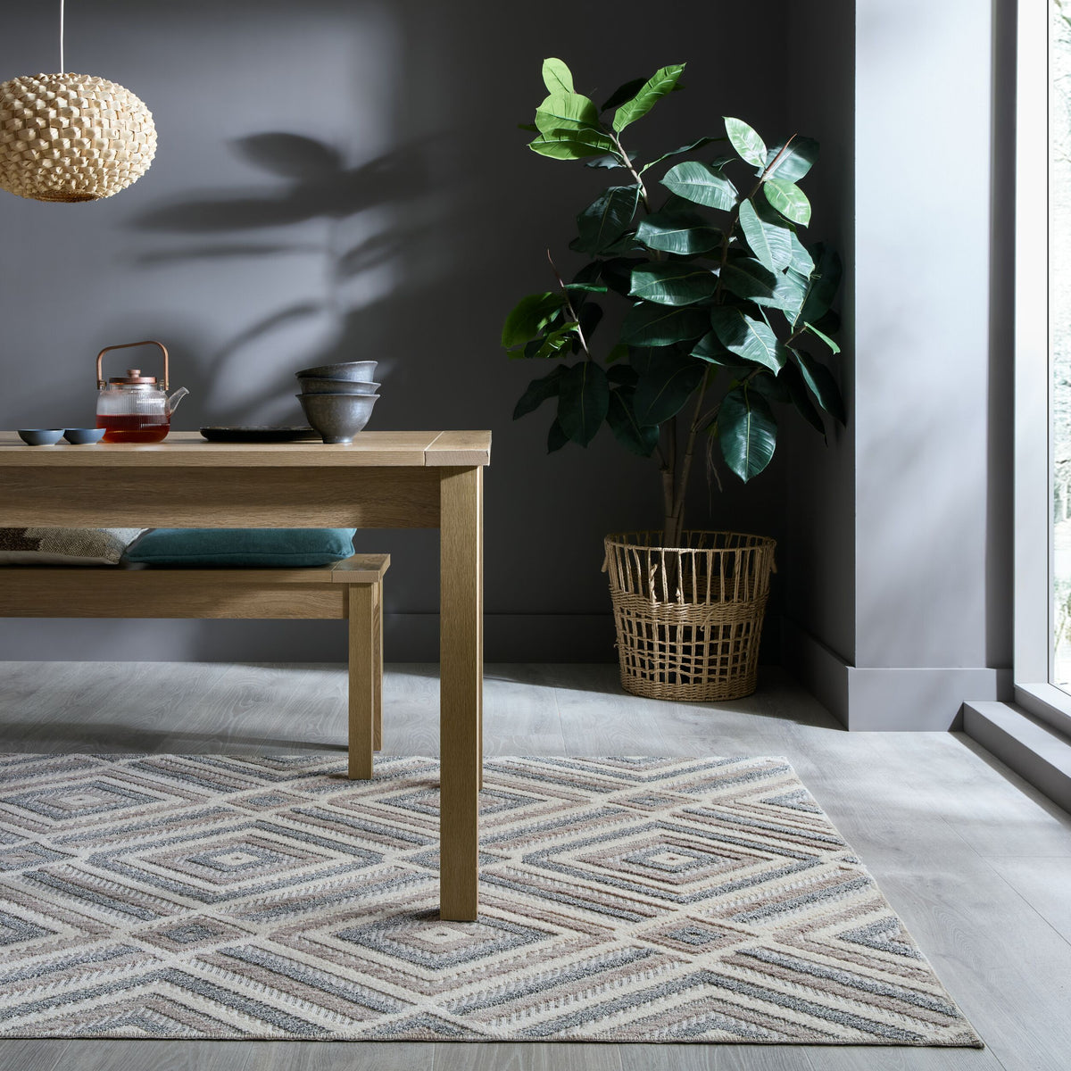 Waschbarer Teppich Rauten Muster - Geometrisch - Küche Grau-Beige Rechteckig
