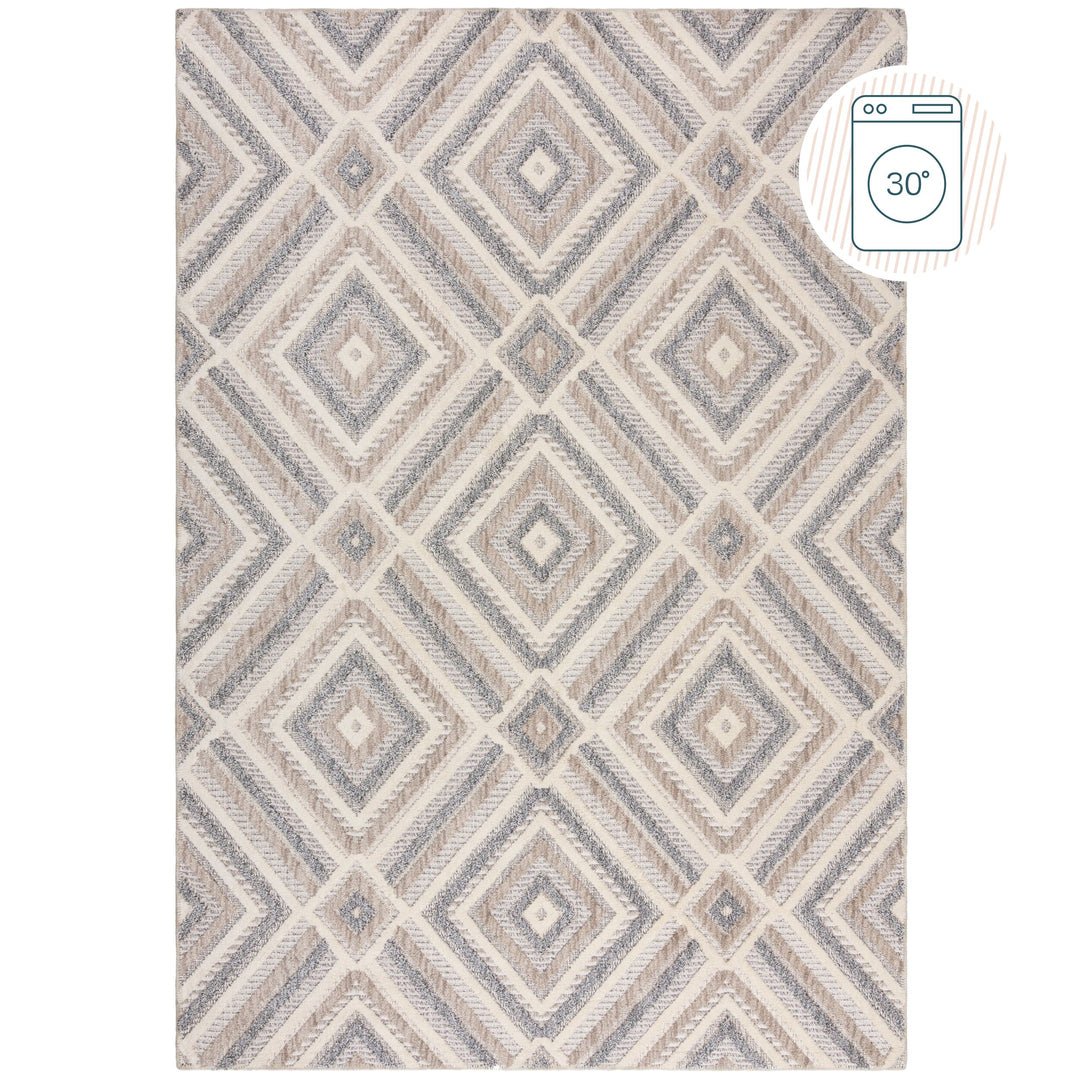 Waschbarer Kurzflor Teppich Grau-Beige  - Geometrisches Rautenmuster  - Strapazierfähig &amp; Familiengerecht_Rechteckig_