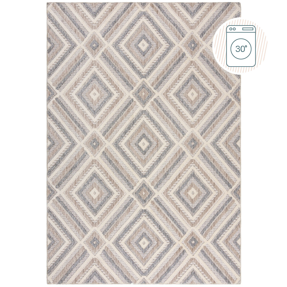 Teppich Rauten-Geometrie Grau-Beige Kurzflor waschbar strapazierfähig Rechteckig
