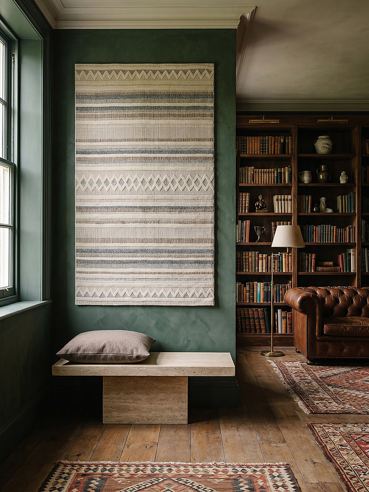 Teppich Grau-Beige rechteckig als Wandteppich Wanddekoration Textilkunst Interior Design_