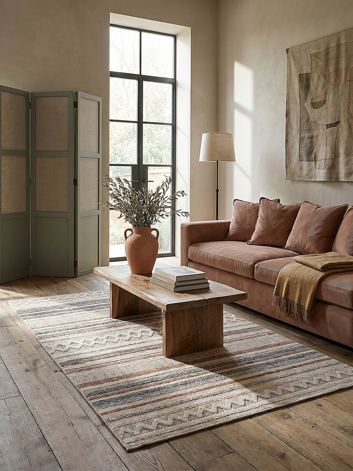 Teppich Grau-Beige rechteckig im modernen Wohnzimmer Einrichtungsidee_