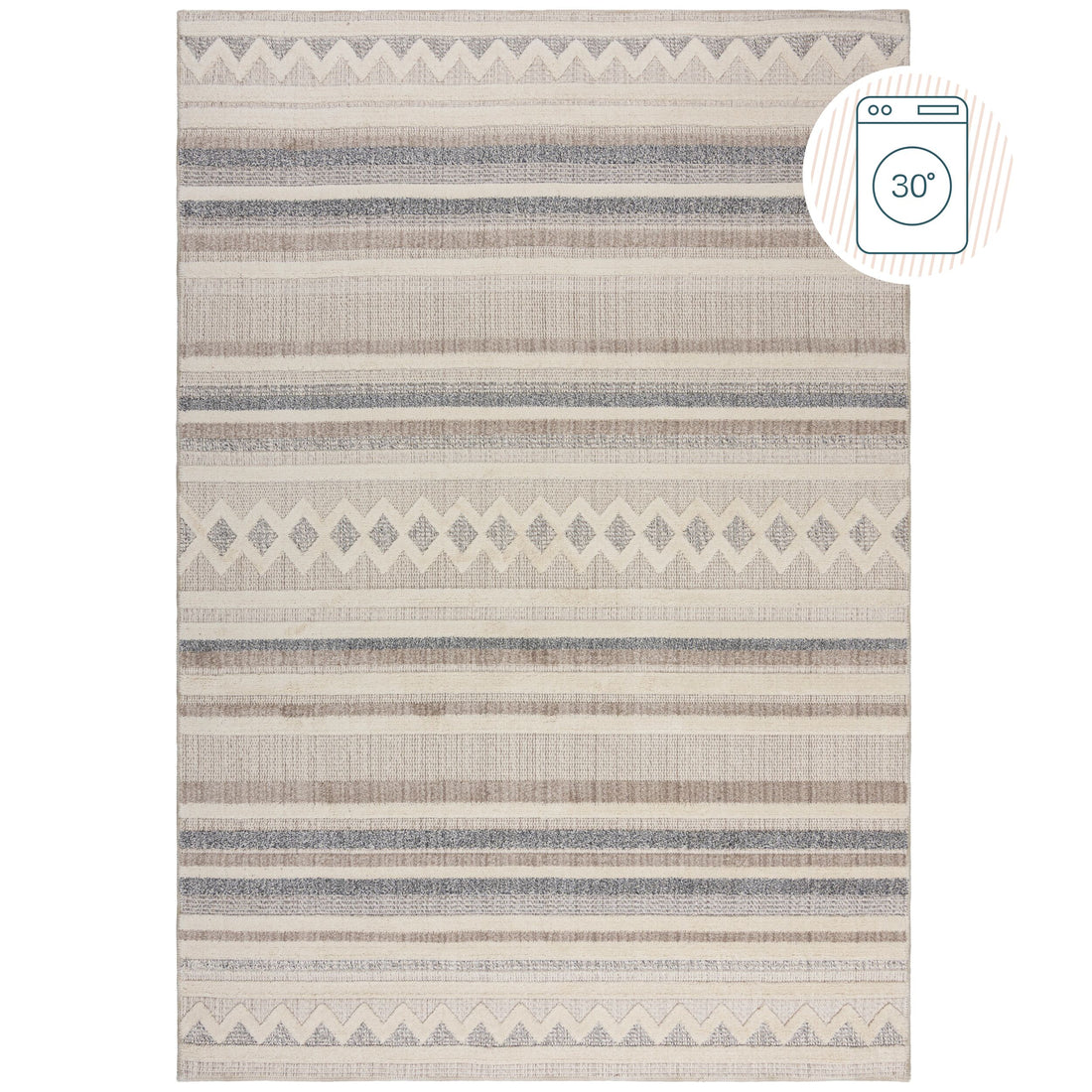 Waschbarer Kurzflor Teppich Grau-Beige  - Globales Streifen Design  - Robuster Wohnzimmerteppich Rechteckig