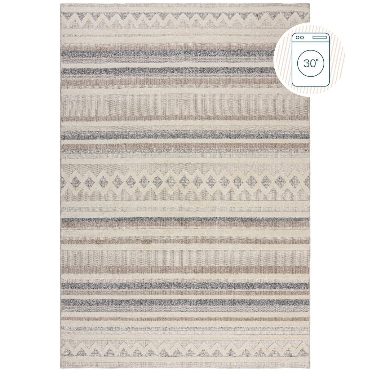 Waschbarer Kurzflor Teppich Grau-Beige  - Globales Streifen Design  - Robuster Wohnzimmerteppich Rechteckig