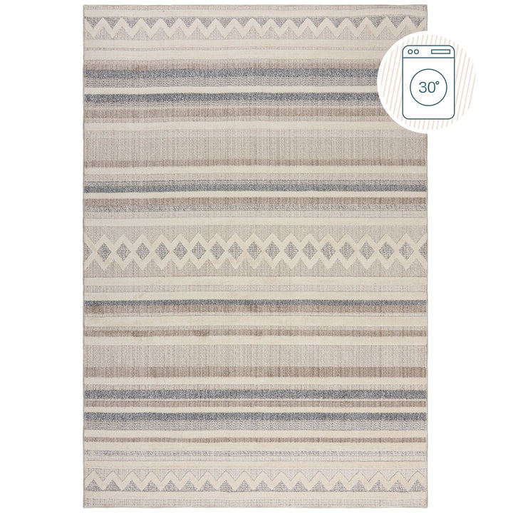 Waschbarer Kurzflor Teppich Grau-Beige  - Globales Streifen Design  - Robuster Wohnzimmerteppich_Rechteckig_