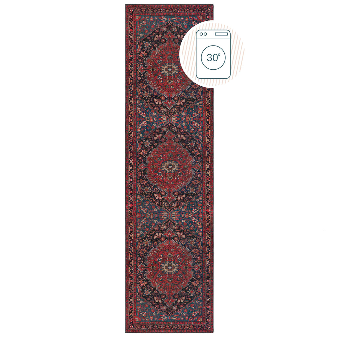 Waschbarer Kurzflor Teppich Medaillon Vintage Design  - Pflegeleicht &amp; rutschfest_Läufer_