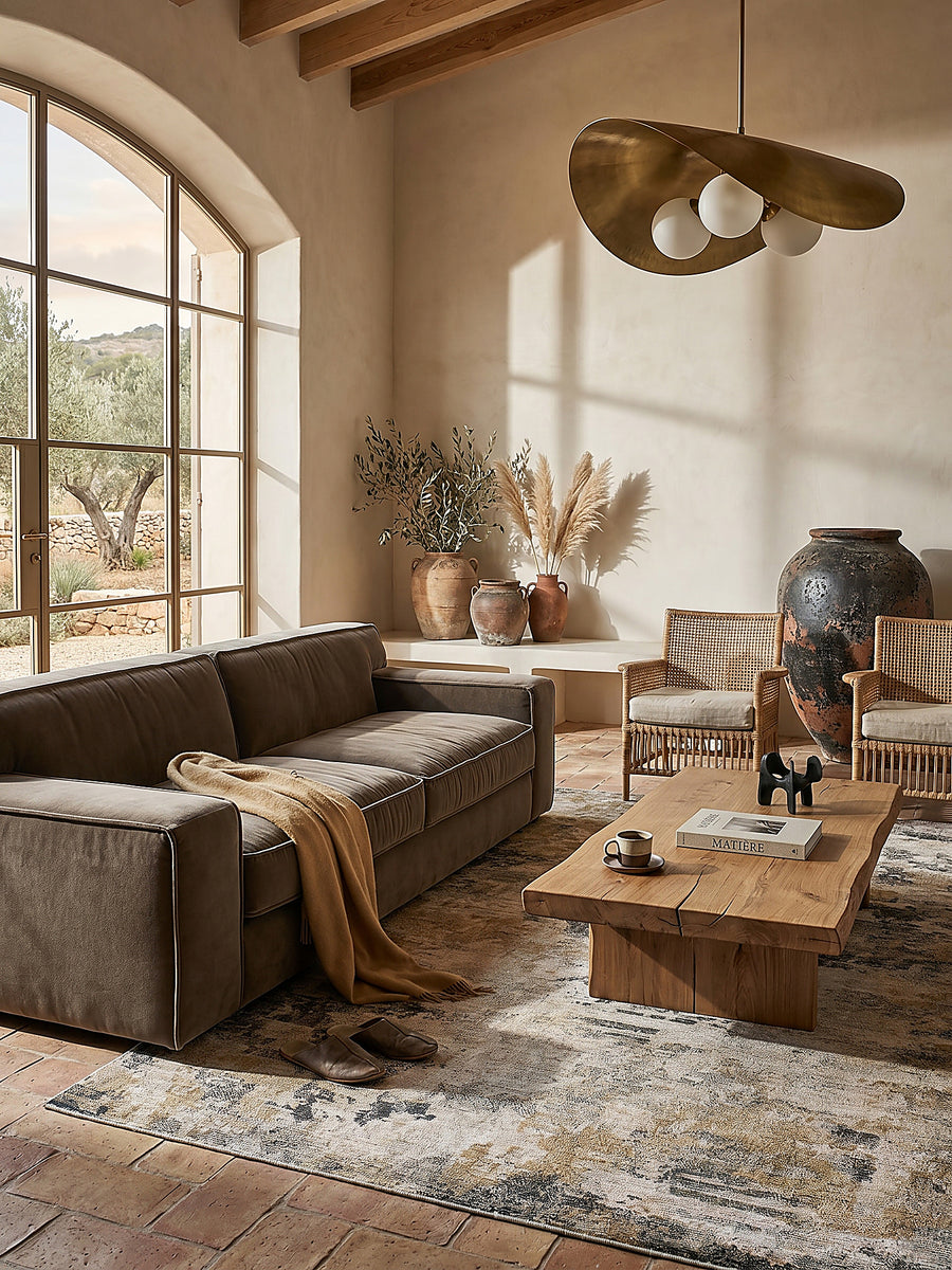 Teppich Gelb-Natur rechteckig im Wohnzimmer mit Couchtisch und Wohnaccessoires Wohnidee skandinavisch modern_
