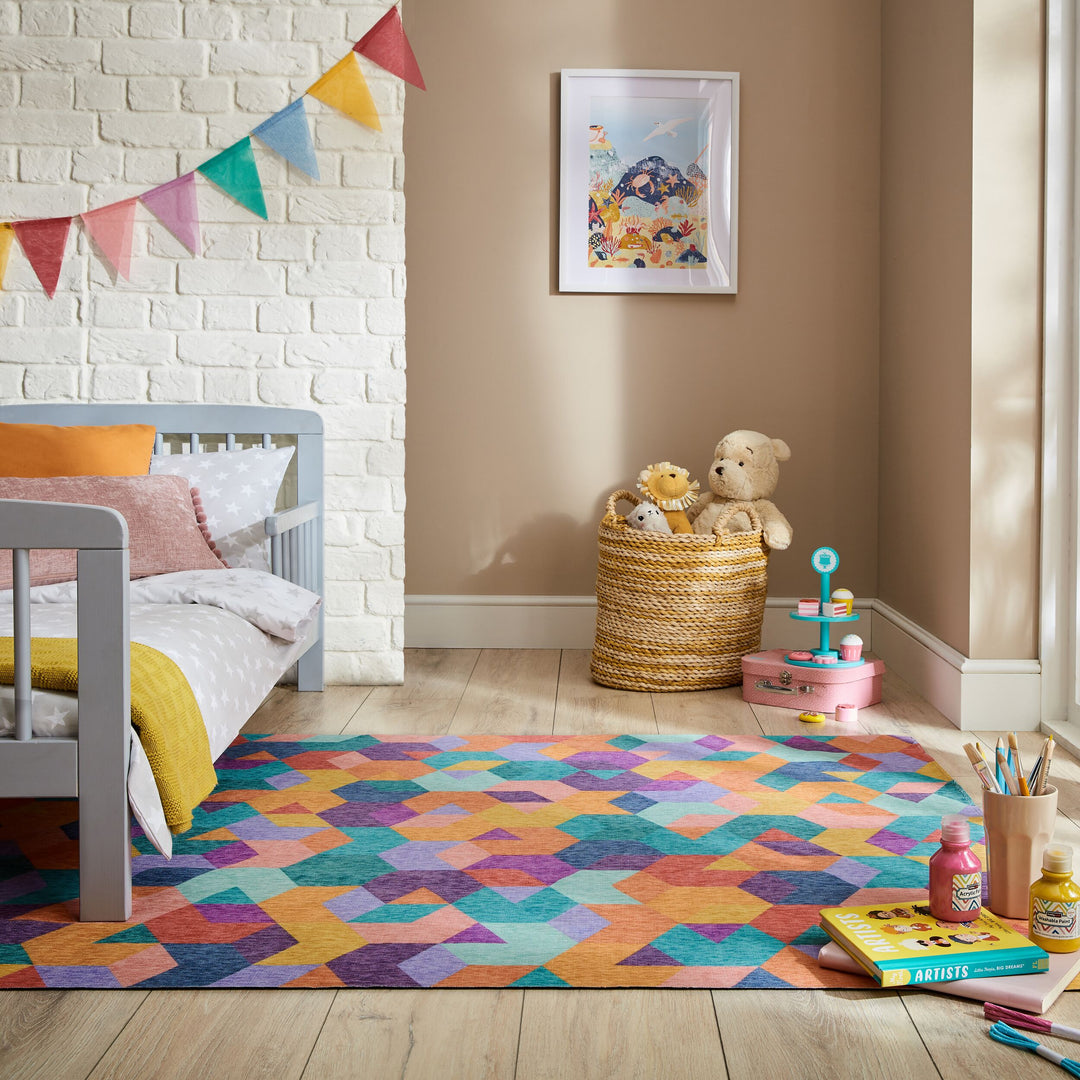 Waschbarer Teppich Hexagon Geometrisch - schmutzabweisend_Multicolor_Rechteckig_