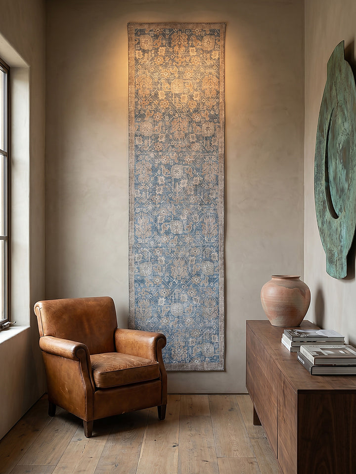 Teppich Blau Läufer als Wandteppich Wanddekoration Textilkunst Interior Design_