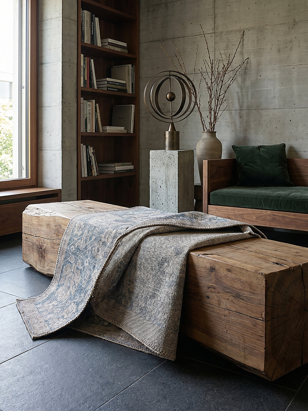 Teppich Blau rechteckig Editorial Interior als Designobjekt drapiert hochwertige Wohnaccessoires_