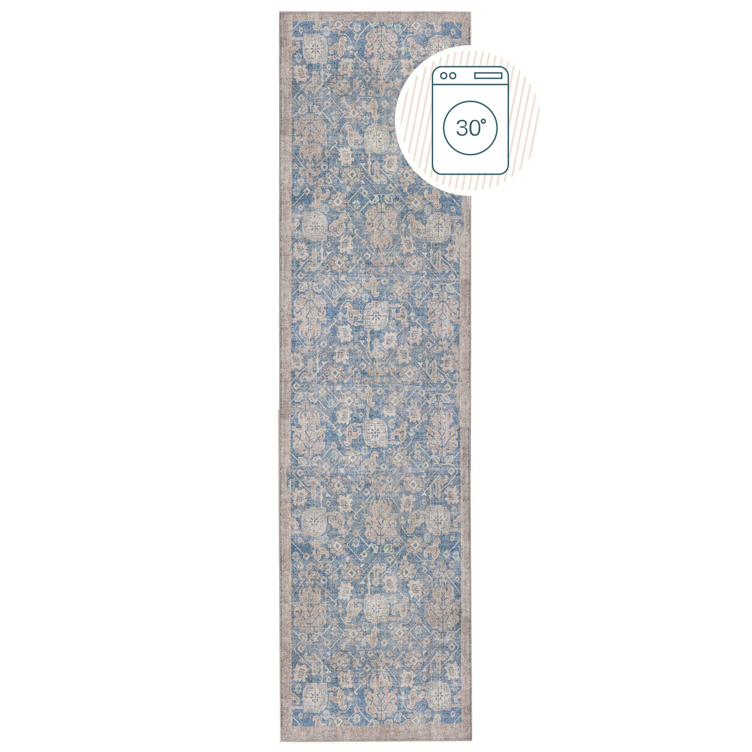 Waschbarer Teppich Flachgewebe Blau  - Vintage Design  - Pflegeleicht_Läufer_