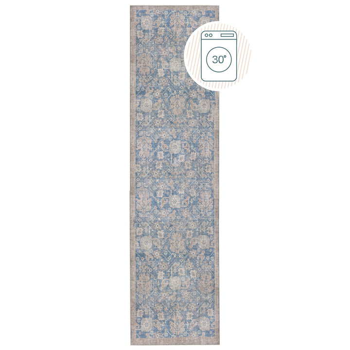 Waschbarer Teppich Flachgewebe Blau  - Vintage Design  - Pflegeleicht_Läufer_
