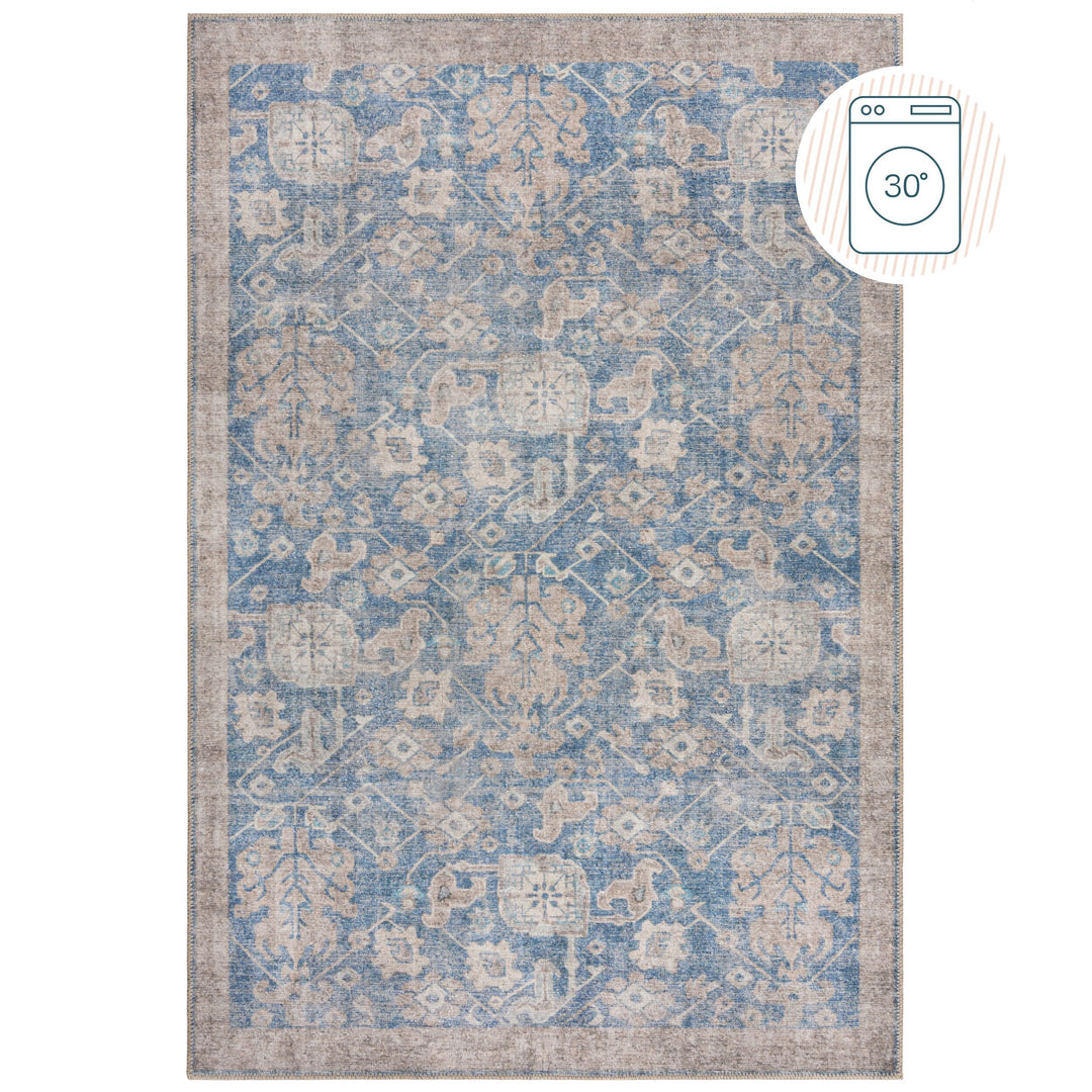 Waschbarer Teppich Flachgewebe Blau  - Vintage Design  - Pflegeleicht_Rechteckig_