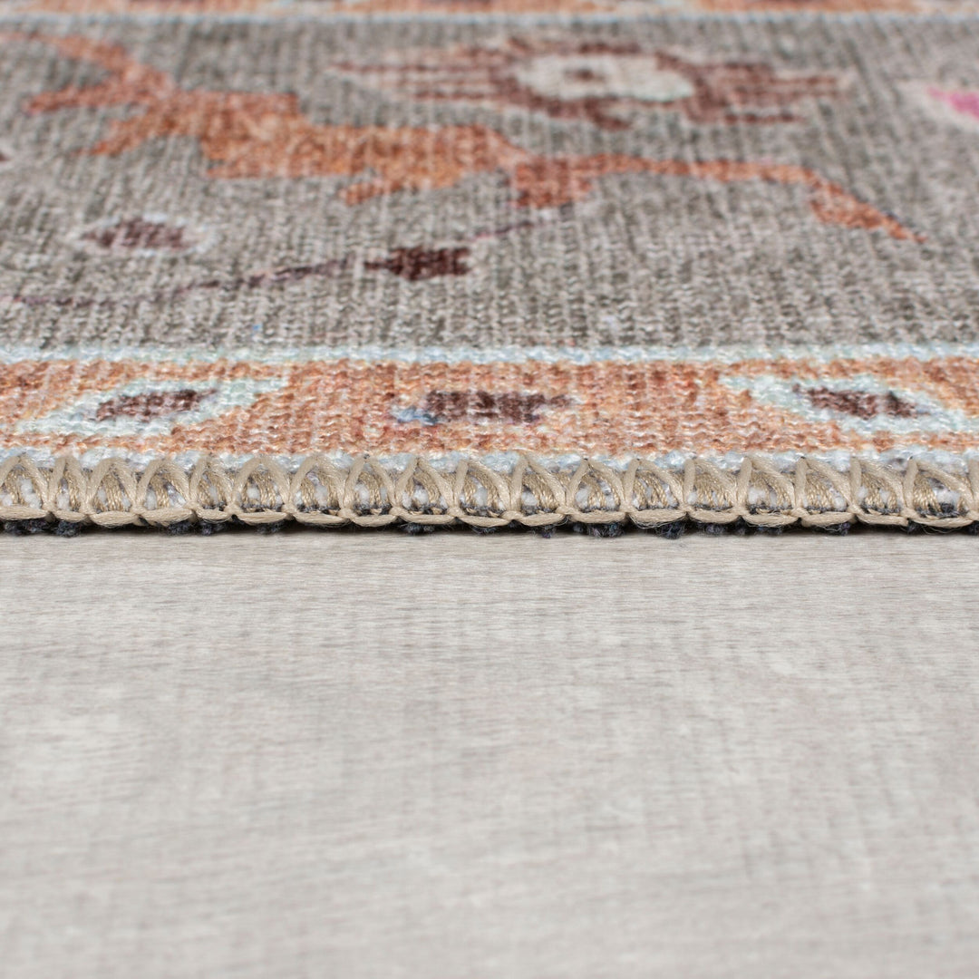 Waschbarer Teppich Floral Orientalisch Grau Rosa  - Kurzflor Läufer  - Vintage-Design_Läufer_