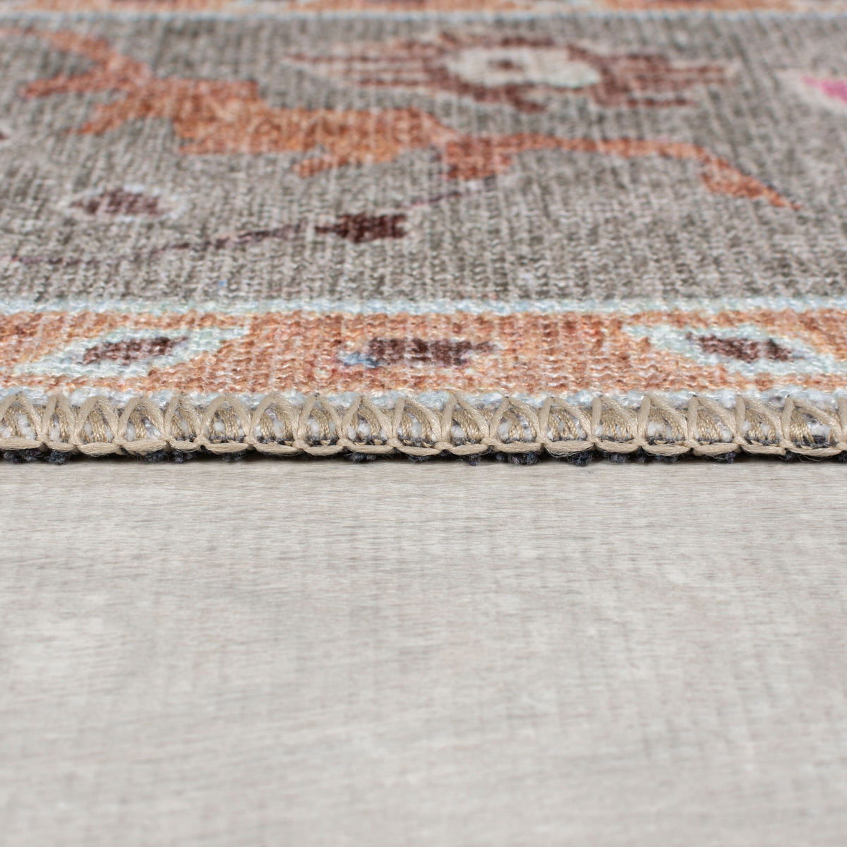 Waschbarer Teppich Floral Orientalisch Grau Rosa  - Kurzflor Läufer  - Vintage-Design Läufer