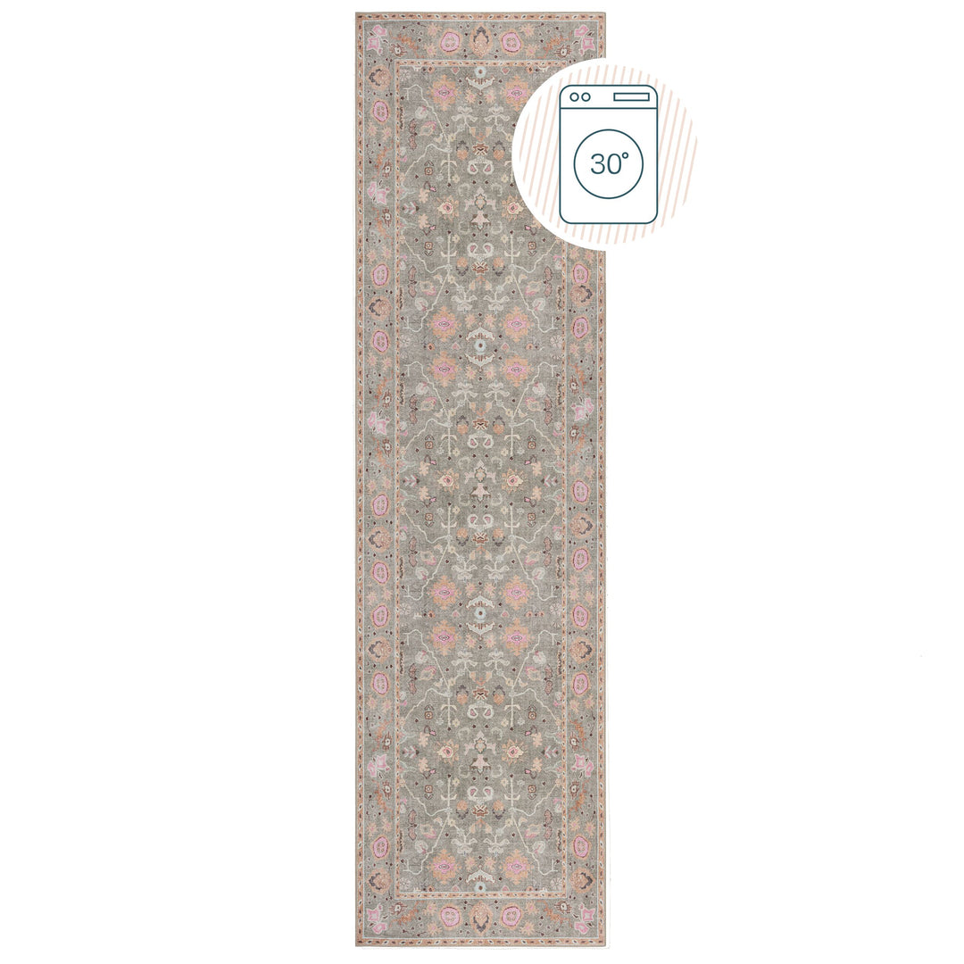 Waschbarer Teppich Floral Orientalisch Grau Rosa  - Kurzflor Läufer  - Vintage-Design_Läufer_