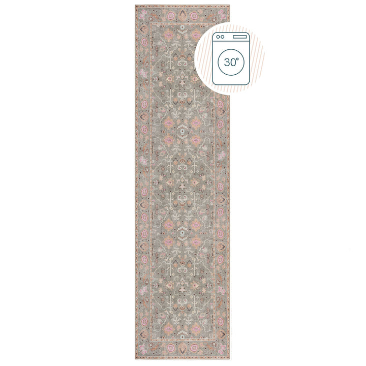 Waschbarer Teppich Floral Orientalisch Grau Rosa  - Kurzflor Läufer  - Vintage-Design_Läufer_