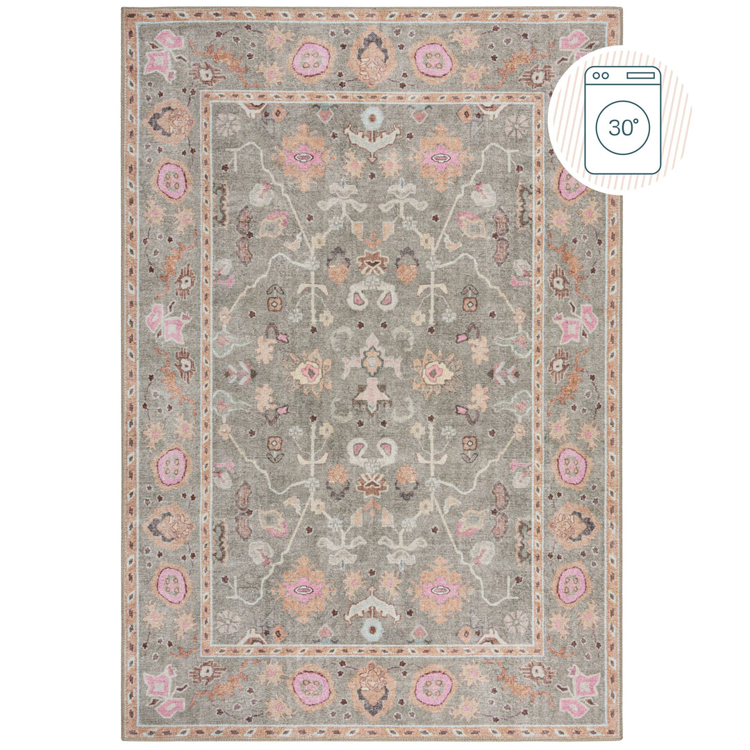 Waschbarer Teppich Floral Orientalisch Grau Rosa  - Kurzflor Läufer  - Vintage-Design_Rechteckig_
