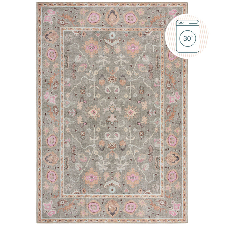 Waschbarer Teppich Floral Orientalisch Grau Rosa  - Kurzflor Läufer  - Vintage-Design_Rechteckig_