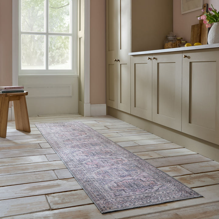 Waschbarer Teppich Vintage Geometrisch - Orientalisch - Küche_Grau-Rosa_Läufer_