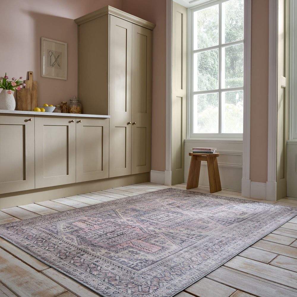 Waschbarer Teppich Vintage Geometrisch - Orientalisch - Küche_Grau-Rosa_Rechteckig_