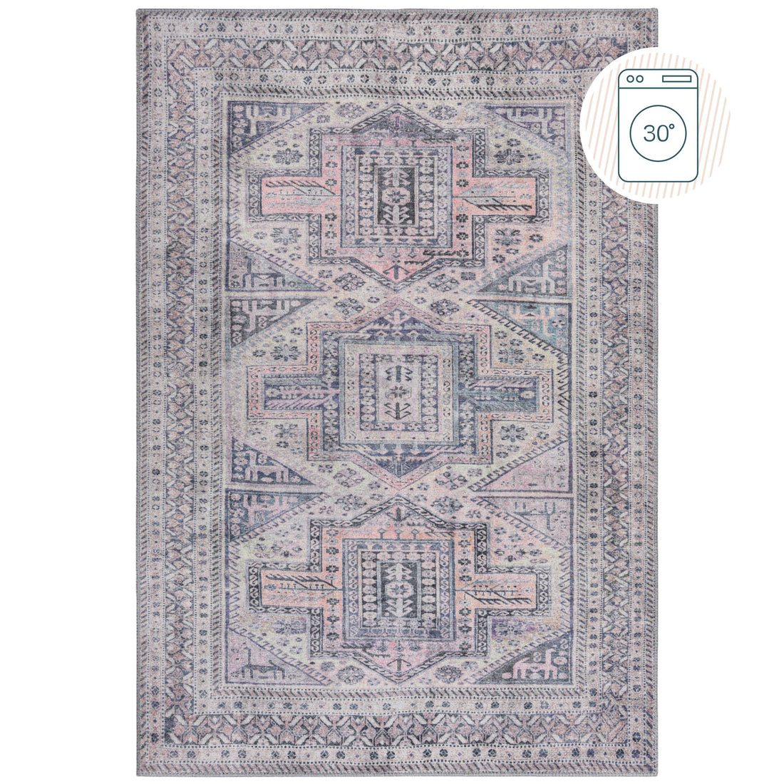 Waschbarer Teppich Grau-Rosa  - Vintage Orientalisch  - Maschinenwaschbar Rechteckig