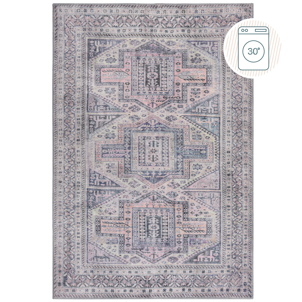 Waschbarer Teppich Grau-Rosa  - Vintage Orientalisch  - Maschinenwaschbar Rechteckig