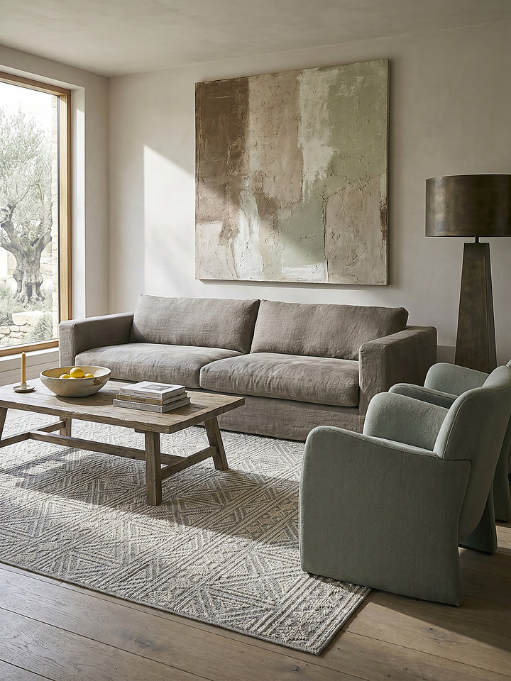 Teppich Grau rechteckig im Wohnzimmer mit Couchtisch und Wohnaccessoires Wohnidee skandinavisch modern_