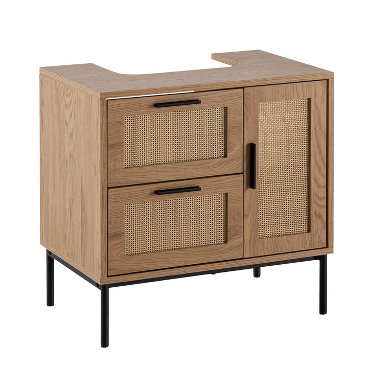 Waschbeckenunterschrank Eiche-Optik 60x60x40 cm mit Tür, Schubladen und Rattangeflecht