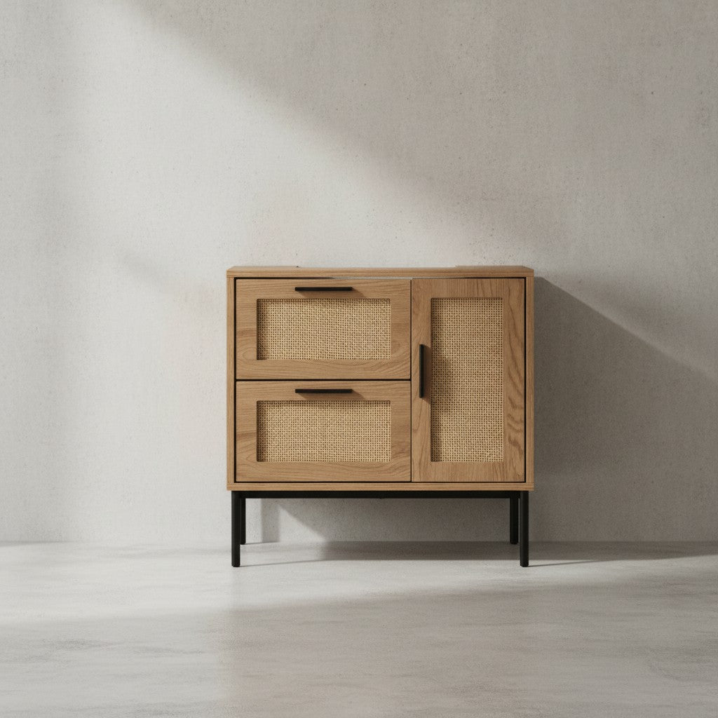 Waschbeckenunterschrank Eiche-Optik 60x60x40 cm mit Tür und Schubladen - Badezimmerschrank mit Rattangeflecht - Unterschrank Stehend - Badschrank Midischrank Klein Waschtisch_