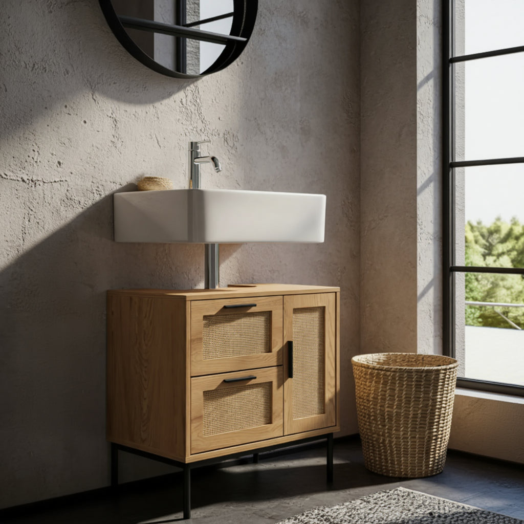 Moderner Badezimmerschrank aus Holzdekor mit Tür und Schubladen – Unterschrank mit Rattanfront