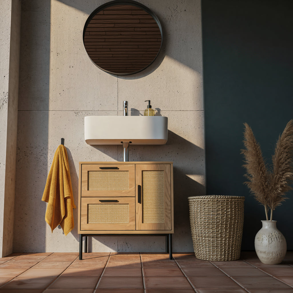 Kompakter Waschbeckenunterschrank im Midischrank-Design – Badmöbel in Eiche-Optik mit Rattan_