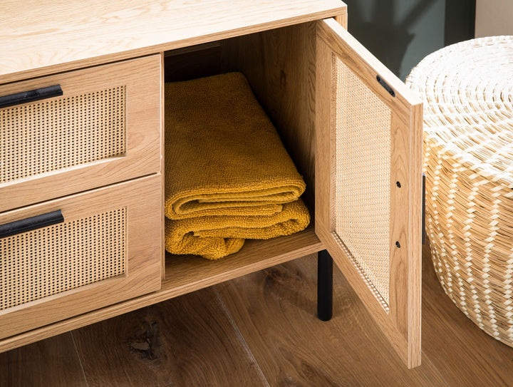 Waschbeckenunterschrank Eiche-Optik 60x60x40 cm mit Tür, Schubladen und Rattangeflecht