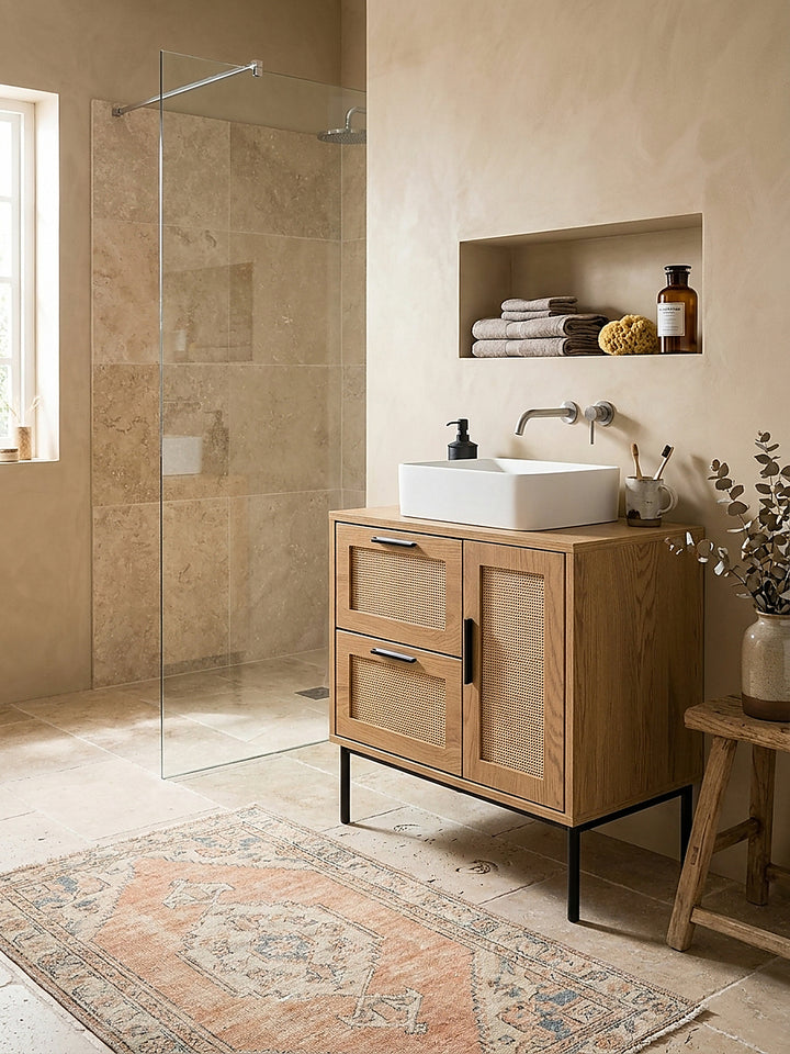 Der Badschrank mit Schubladen und Tür aus Rattan steht neben einer freistehenden Badewanne und schafft eine organisch-moderne Badezimmereinrichtung._