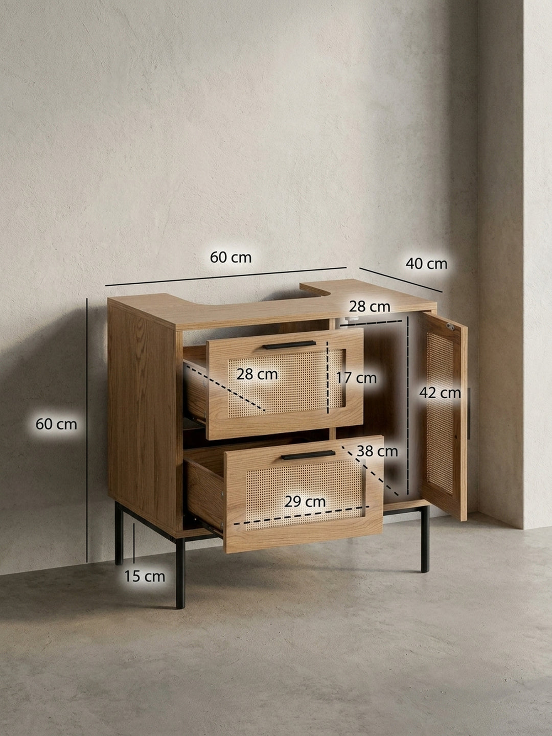 Maßskizze des Waschbeckenunterschranks mit exakten Abmessungen: Breite 60 cm, Höhe 60 cm, Tiefe 40 cm, ideal für die Badplanung._