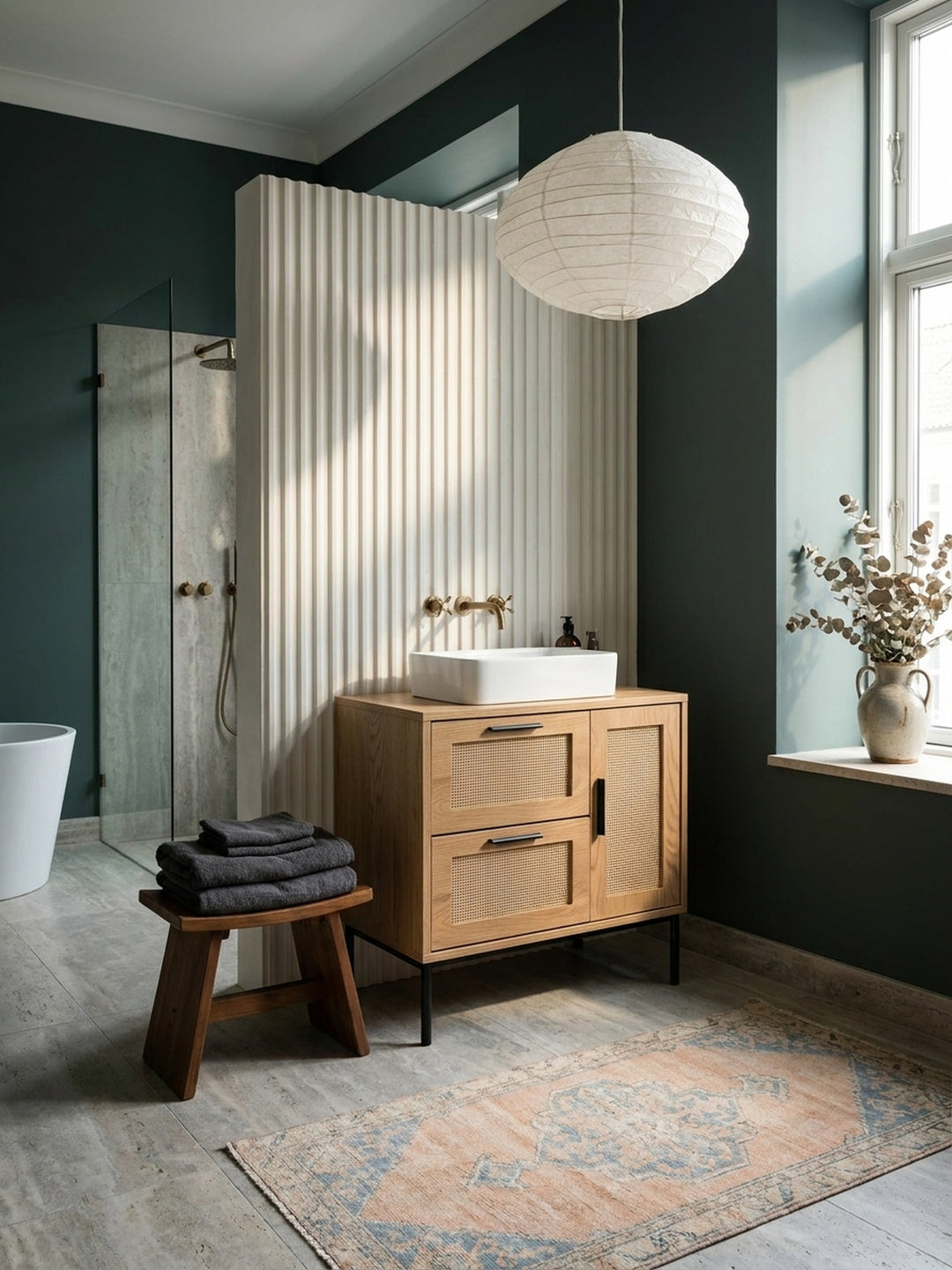 Der Badschrank mit Schubladen und Tür aus Rattan steht neben einer freistehenden Badewanne und schafft eine organisch-moderne Badezimmereinrichtung._