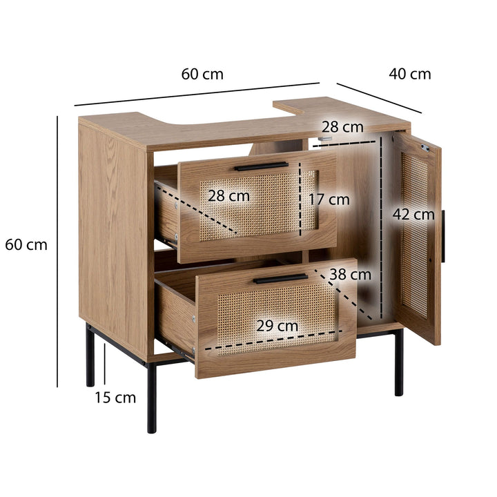 Waschbeckenunterschrank Eiche-Optik 60x60x40 cm mit Tür, Schubladen und Rattangeflecht