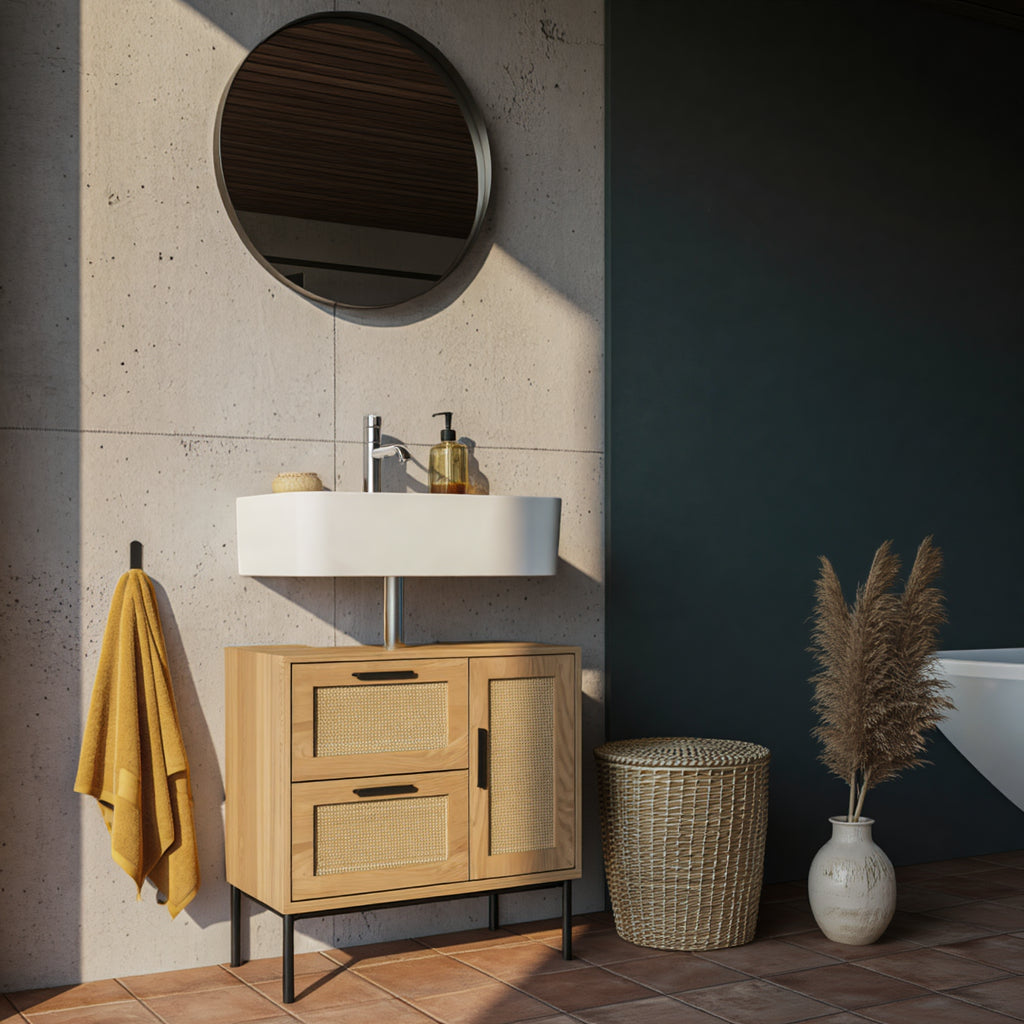 Waschbeckenunterschrank in Eiche-Optik mit Rattangeflecht und schwarzen Griffen – Badschrank 60x60x40 cm_
