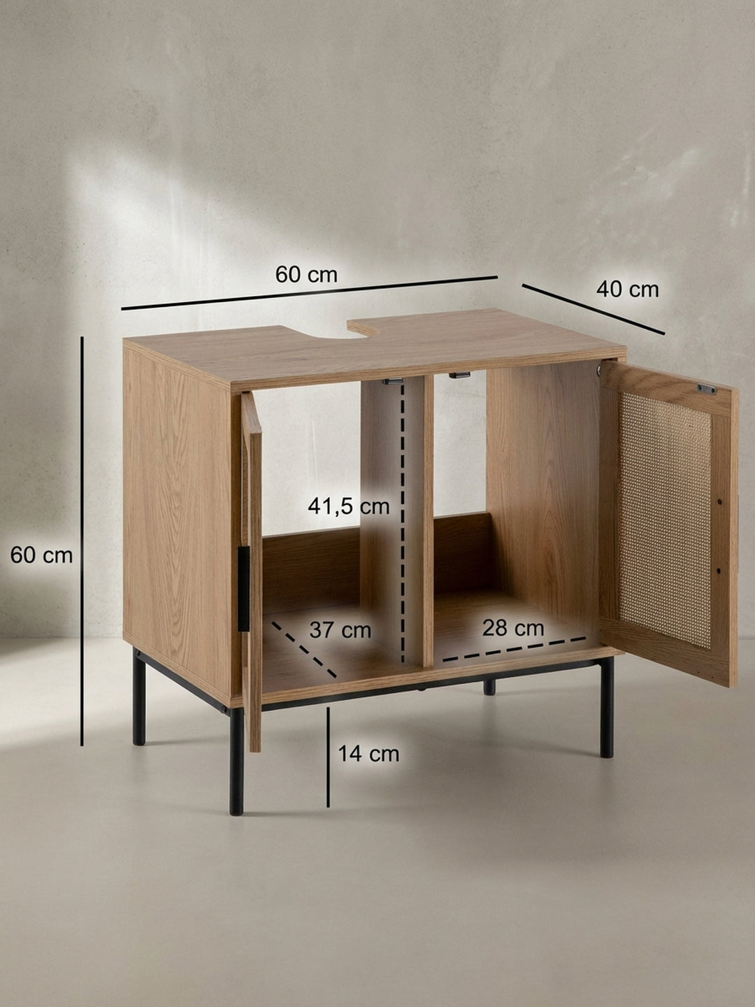 Technisches Maßbild des Waschbeckenunterschranks mit allen relevanten Abmessungen: 60 cm Breite, 60 cm Höhe und 40 cm Tiefe für die präzise Badplanung._